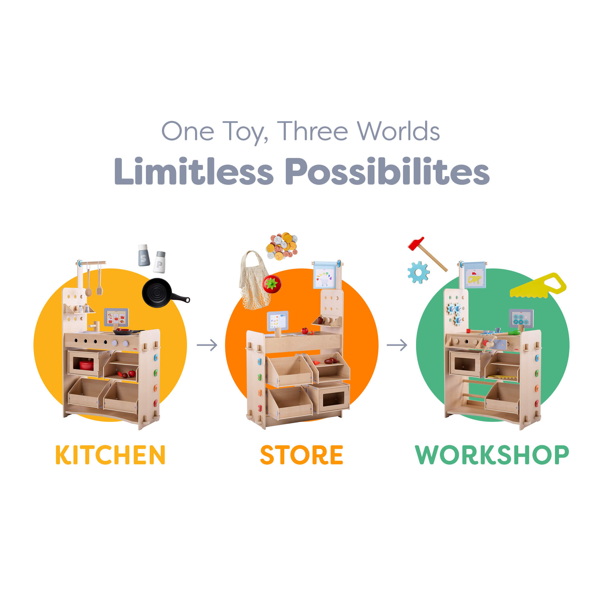 Creative Play 3 in 1 - Play Kitchen, Store & Workshop